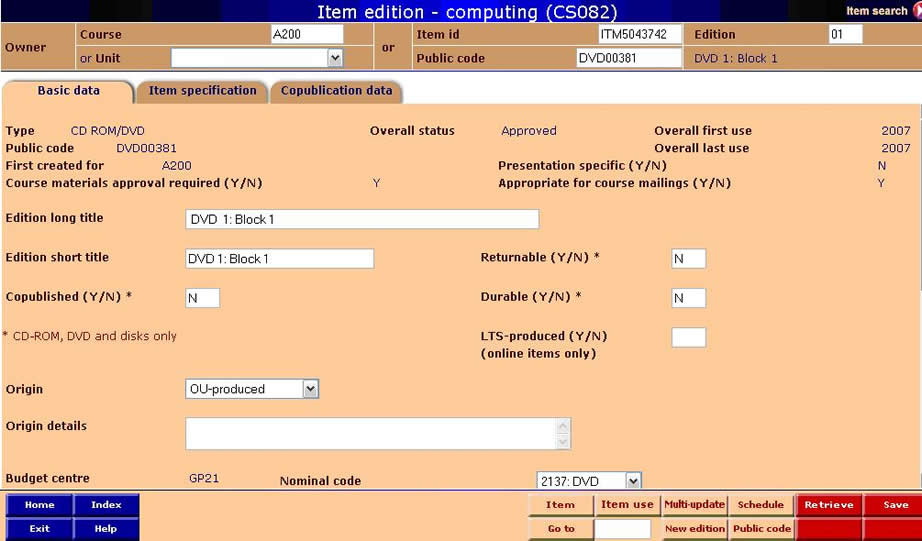 Item edition screen CS082 - upper part